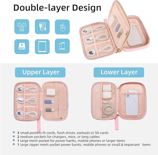 Electronics Organizer Travel Case, Charger Bag Cord Organizer Travel, Compact Tech Pouch Cable Organizer Bag for Charger, Cords, Phone, Headphones, Flash Drive, SD Card (Pink, Small-Double Layer)