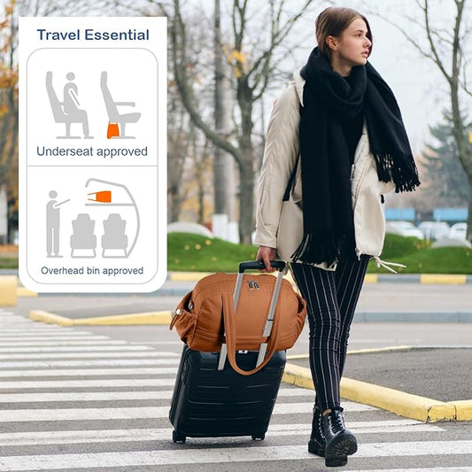 TOPDesign Travel Duffel Bag for Women, Puffer Gym Bag Sports Tote with Wet Pocket, Carry On Weekender with Luggage Sleeve (Brown)