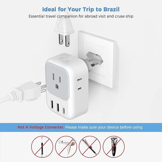 TESSAN Brazil Power Adapter, US to Brazil Travel Plug with 4 American Outlets 3 USB Charger (1 USB C Port), Type N Adaptor for USA to Brazilian Brasil