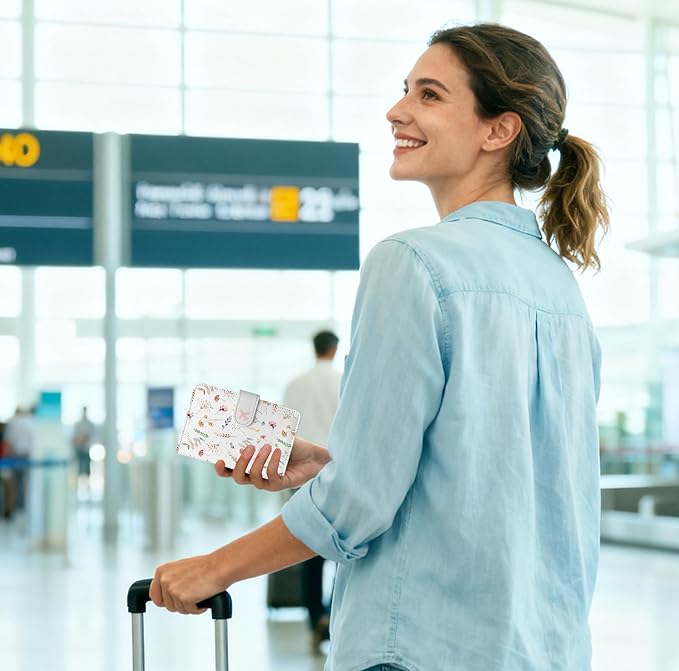 Passport Holder, Travel Wallet Cover with Pen Loop | Cute RFID Blocking Leather Case with Magnetic Closure for Travel Essentials-Flower