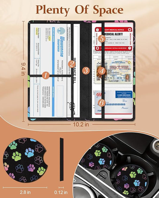 Slohif Car Registration and Insurance Card Holder with Magnetic Shut - Vehicle Glove Box Organizer Women Leather Automobile License Holders Coasters Auto Accessories Case for Document Paw Print