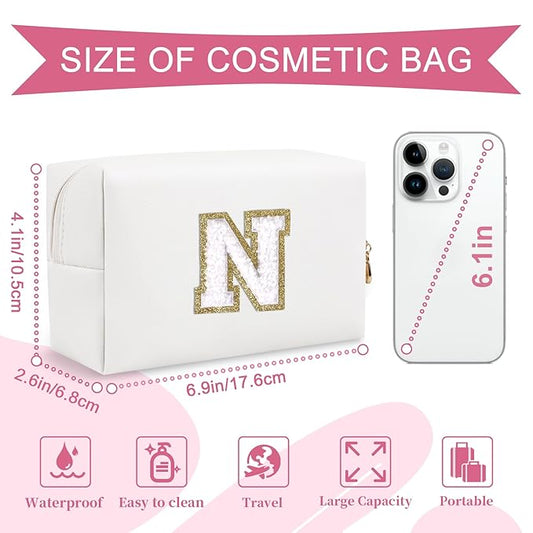 Small Personalized Initial A-Z Preppy Patch Makeup Bag,White PU Chenille Letter Travel Cosmetic Pouch with Zipper,Cute Toiletry Bag,Gift Ideal for Teen Girls Women Teacher Bridesmaid,Letter N