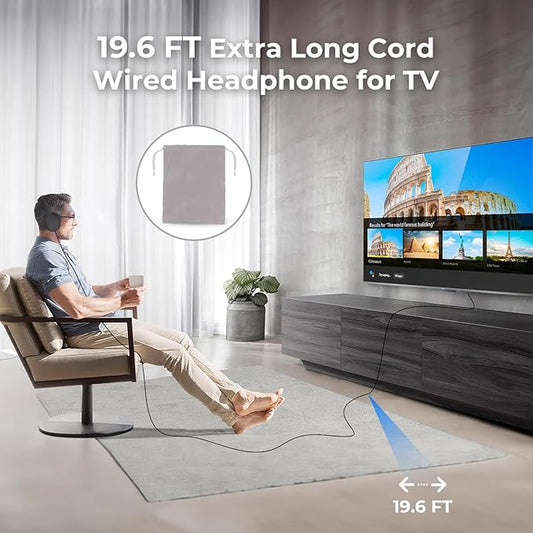 Long Cord Tv Headphones for Seniors with Volume Control Wired Over The Ear Headphone Corded Extra Long Cord Length Universal 3.5mm AUX Audio(10FT)