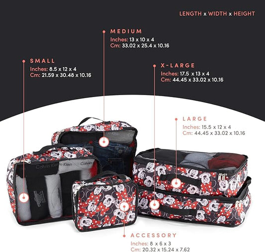 Disney Minnie Mickey Stitch Packing Cubes - Winnie the Pooh, Princess Cinderella, Cars, Toy Story 5 Piece Packing Cubes Compression - Travel Essential - Luggage Suitcase Organizer Set