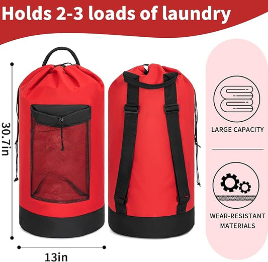 Laundry Bag Backpack with Shoulder Straps and Mesh Pocket Foldable Clothes Hamper Bag with Drawstring Closure for College, Apartment, Laundromat (Red)
