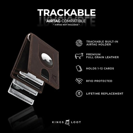 Kings Loot Trackable Airtag Wallet for Men | RFID Blocking Leather Design with Airtag Holder, Money Clip & Pull Tab | Minimalist Air Tag Wallets