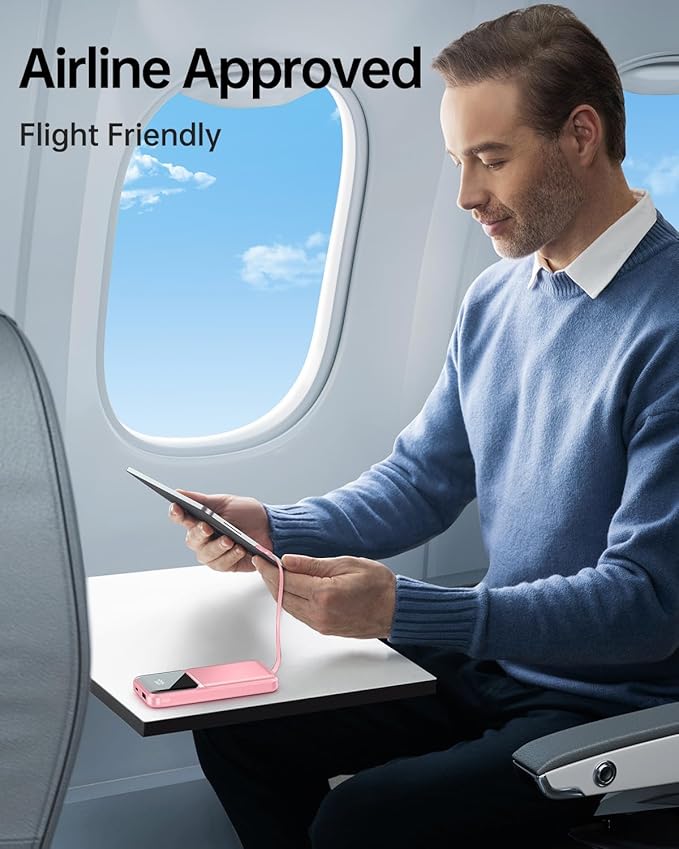 Portable Charger with Built in Cable - 20000mAh Fast Charging Slim 22.5W Power Bank USB C LED Display Battery Pack 5 Outputs & 3 Inputs for Travel Essentials iPhone Samsung Android Phones Tablets etc