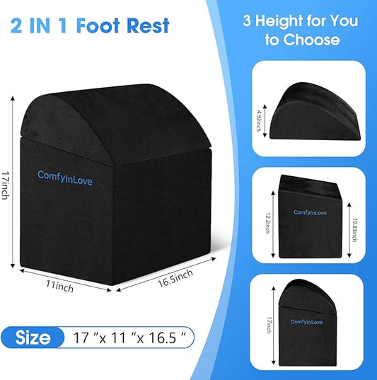 Foot Rest for Under Desk at Work - Non-Slip Foot Stool with 3 Adjustable Heights, Ergonomic Under Desk Footrest with Washable Cover for Desk, Home, Office, Car (Black)