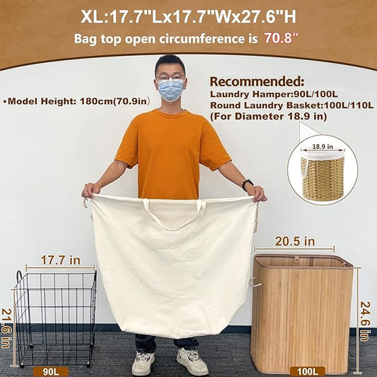 Canvas Laundry Bags 18x18in with Handles & Square Base, Extra Large Heavy Duty Laundry Basket Hamper Liner, Washable Drawstring Dirty Clothes Bag Canvas Storage Sack (Beige XL,1 Pack)