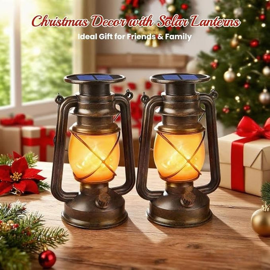 Solar Lanterns Outdoor Waterproof,2 Pack Bronze Vintage Lanterns with Dancing Flame Led Hanging Lights Decor,Lamps for Porch Garden Yard Pathway Camping