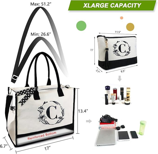 BeeGreen Embroidery Monogram Initial Tote Bag for Women Teacher Mom Friend Personalized Gift for Birthday Beach Work Wedding