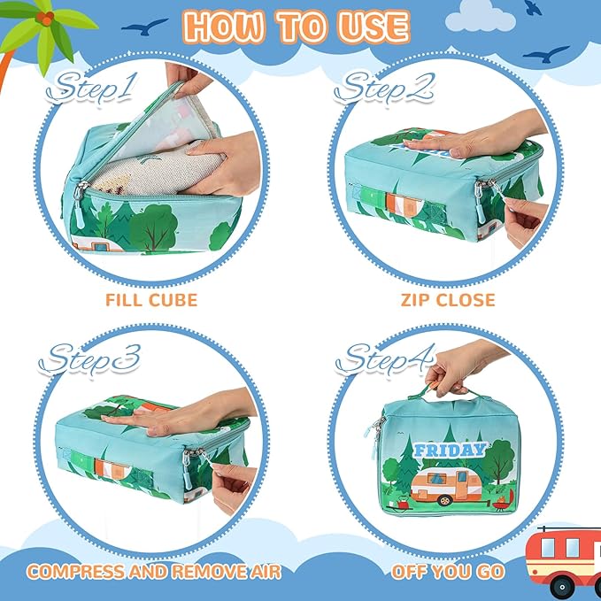 Paterr 7 Pcs Packing Cubes for Travel Kids Days of Week Compression Packing Cubes Colorful Luggage Organizers Suitcase Camp (Car)