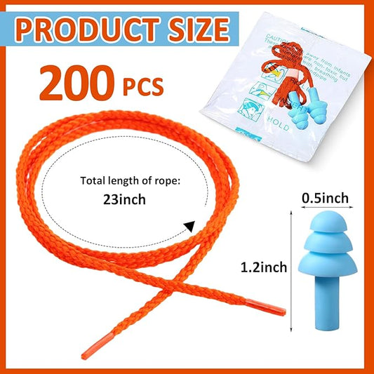 Xuhal 200 Pairs Corded Ear Plugs Silicone Earplugs with Cord Individually Wrapped Reusable Earplugs Sleep Noise Cancelling Hearing Protection for Snoring Shooting Studying Construction (Light Blue)