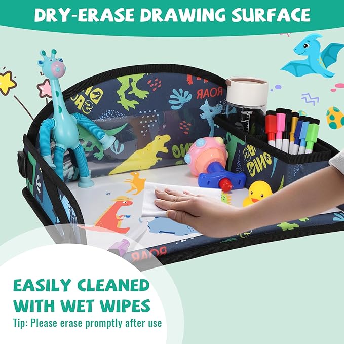 Kids Travel Tray for Airplane - Toddler Car Seat Table Tray, Road Trip Essentials for Boys & Girls, Carseat Lap Desk for Kids Road Trip Activities, Dinosaur