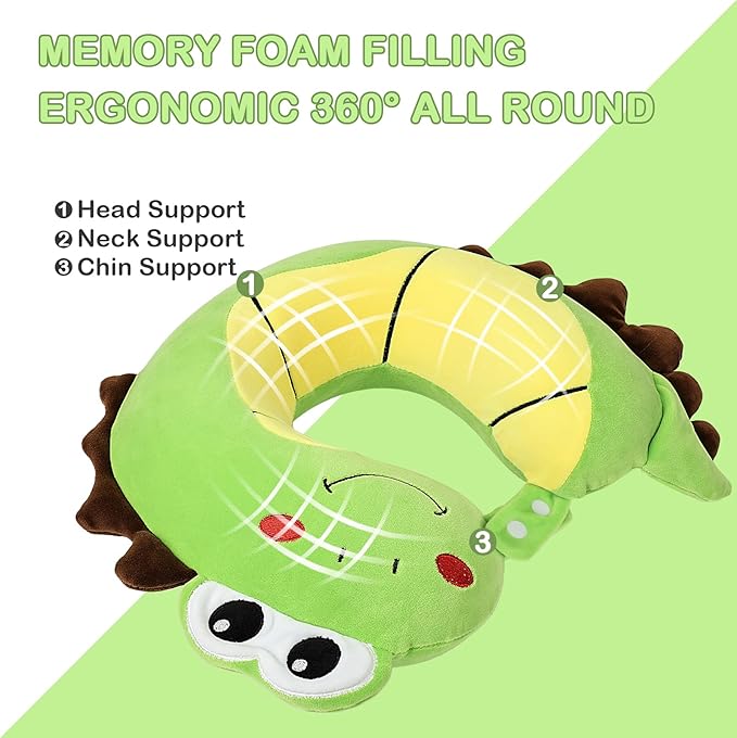 Kids Travel Pillow, Cute Dinosour Memory Foam Neck Pillow with Travel Bag, Soft Adjustable Airplane Pillow for Chin Support, Headrest- Green