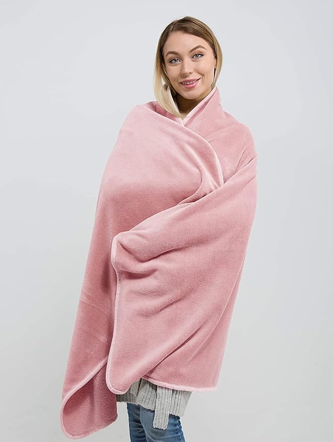 BlueHills Premium Soft Long Travel Blanket Pillow for Tall Airplane Flight Blanket 70 X48 inch Throw in Soft Bag case with Backpack Clip Compact Large Plane 2 in 1 Combo Pink T055