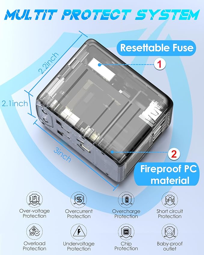 35W PD Universal Travel Adapter, 5 USB A/C Ports and 2500W AC Outlet, Fast Charging International Plug Converter Worldwide Travel Charger Multi Plugs All in One for EU US UK AUS 200+ Countries