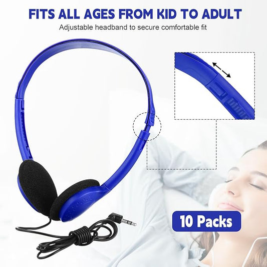 Konohan 10 Pack Headphones Bulk Headphone for School Classroom Student Wired Headphones Adjustable with 3.5 mm Jack for Adults (Dark Blue)
