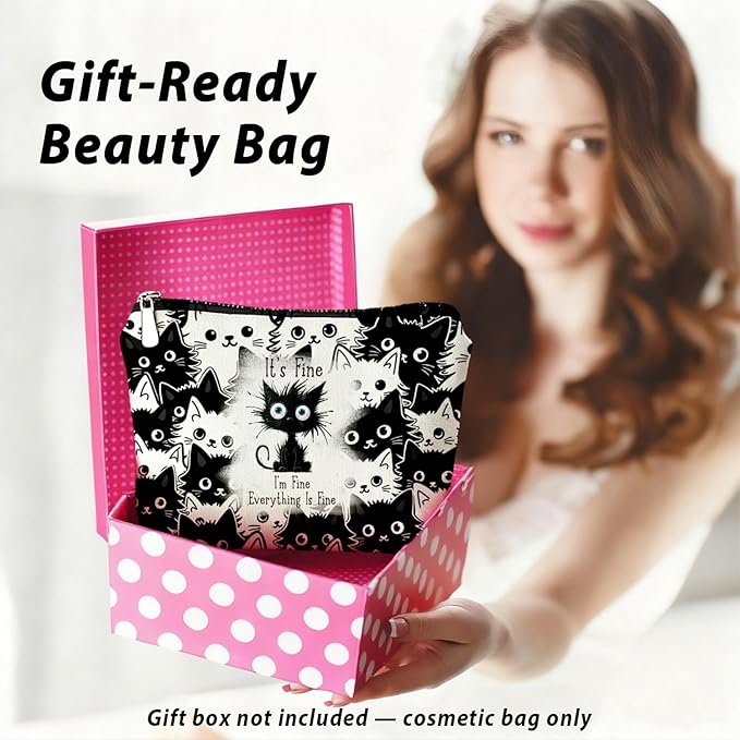 Funny Cat Makeup Bag for Women & Teen Girls, It's Fine I'm Fine Everything Fine Travel Pouches for Toiletries, Kitty Cosmetic Zipper Travel Toiletry Bag, Cute Black Cat Gifts for Cats Gifts Lovers