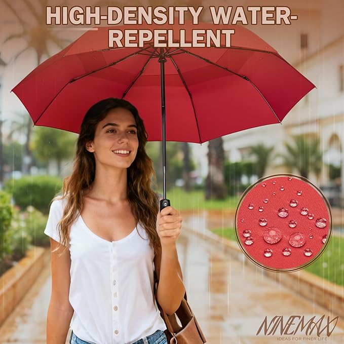NINEMAX Windproof Travel Umbrella for Rain, Automatic Umbrellas Double Canopy Vented Compact for Men Women(Red)