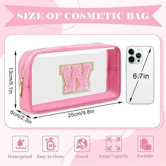 Personalized Initial Letter Clear Makeup Bag,Preppy Small Nylon&PVC Cosmetic Zipper Bag with Chenille Letter,Portable Beach Travel Skincare Toiletry Bag,Trendy Monogram Gift for Teen Girls Women,W