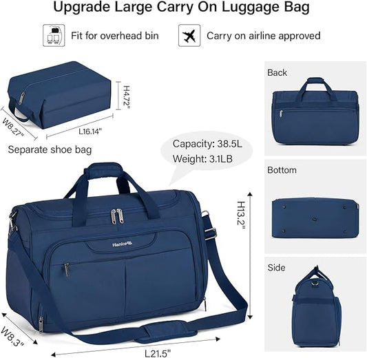Hanke Carry On luggage Bags for Travel, Large Foldable Duffle Bag for Travel, Softside Lightweight Travel Bag Carry On Bags for Airplanes Women, Travel Tote Bags for Women Men.(Blue)