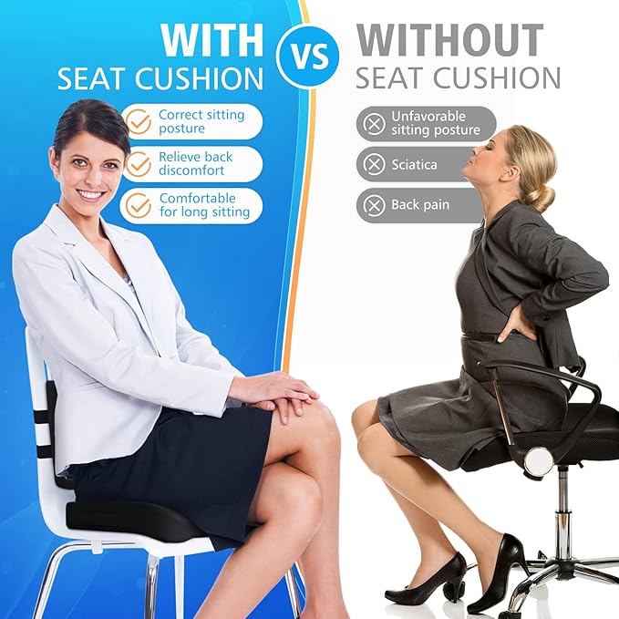 CushZone Seat Cushion, Lumbar Support Pillow with Adjustable Strap-Chair Cushions for Sciatica Pain Relief-with Washable Cover Memory Foam for Car, Travel and Wheelchair-Black