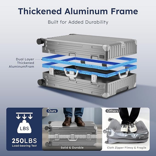 ALPHA CAMP 2 Piece Luggage Sets With Dual Layer Aluminum Frame, TSA Locks, 3-Layer PC 20" Carry-on 24" Checked Lightweight Hardside Zipperless Suitcase Sets, Type-C USB Charging Port, Cup Holder