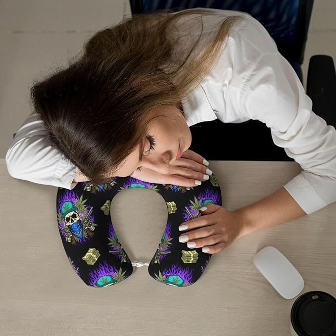 Travel Pillow Chin Neck Support, Comfortable Airplane Car Pillows for Rest, Memory Foam U Shaped Office Home Nap Sleeping Cushion Purple Fire Weedleaf Dollars Skull Skeleton