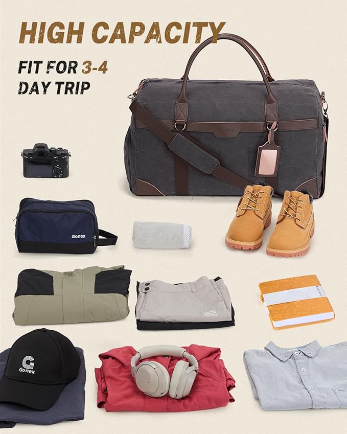 Gonex Waxed Canvas Duffle Bag for Travel, Water-resistant Vintage 55L Duffel Weekender with Shoes Compartment & Luggage Tag, Heavy-duty Overnight Bag with Suitcase Handle Sleeve for Men, Dark Grey