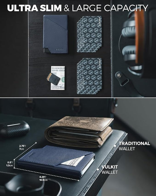 VULKIT Pop up Card Wallet Top-Grain Genuine Leather RFID Blocking Slim Aluminum Metal Bank Card Holder Case with Business Money Pocket for Credit Cards Notes and Coins Navy