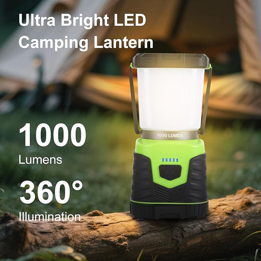 1000LM Battery Powered LED Camping Lantern, 4 Light Modes, IPX4 Waterproof, Dimmable Emergency Flashlight with Battery Indicator for Outdoor Camping, Hiking, Carabiner Clip Included