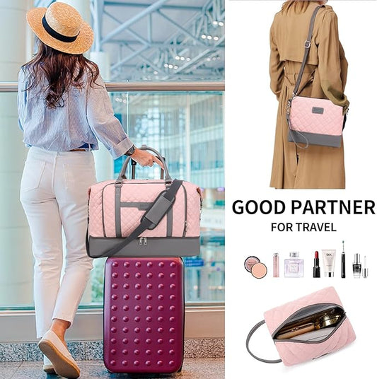 Weekender Bag, Large Travel Duffel Bag for Women, Carry on Overnight Bag with Shoe Compartment and Toiletry Bags
