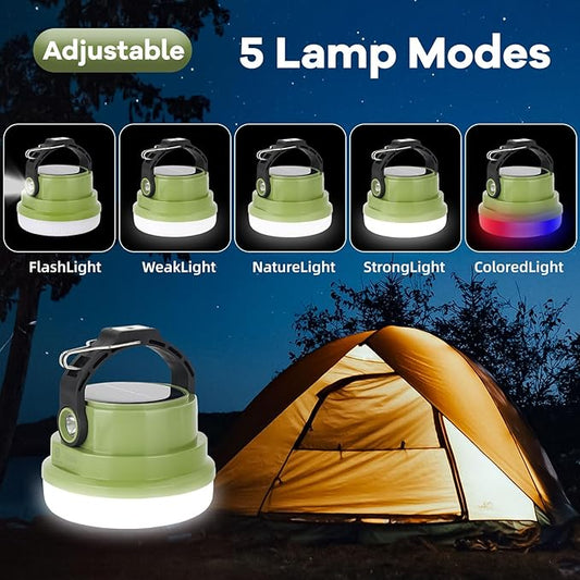 Solar Camping Lantern Rechargeable, 2-in-1 10000mAh Rechargeable Camping Light and Phone Charger for Hiking,Travel - Emergency Hanging Light for Hurricane, Power Outage, 100W, Green
