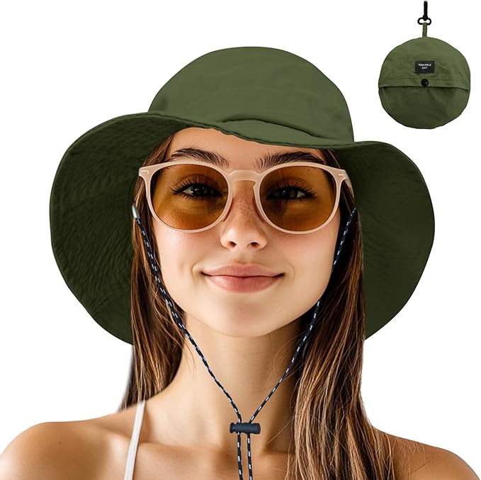 NPJY Packable Quick Dry Sun Bucket Hats for Women Lightweight Outdoor Waterproof Rain Hat with Detachable Chin Strap