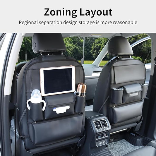 Car Seat Organizers Waterproof Backseat Protector with Storage Pocket Large Leather Kick Mats for Kids Pets Automobile SUV Truck (Black, Large Pocket)