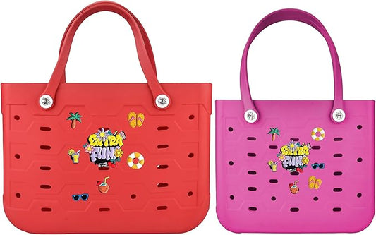 2-Piece Tote Bag Set, Waterproof Rubber Beach Bag with Summer Pattern, Medium & Large Handbag for Pool, Beach, Boat
