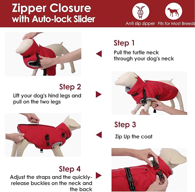 AOFITEE Dog Coat, Warm Dog Winter Coat with Harness Built in, Waterproof Pet Snow Jacket with Zipper on Back, Fleece Pet Sweater Outdoor Puffer Jacket Snowsuit for Extra Large Dogs, Christmas Red XXL