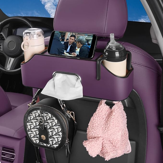 HOLDCY Car Back Seat Organizer with 2 Drink Cup Holder - Tissue Box and Storage Box Hook - Multi-functional Storage - Great for Kids and Travel (Purple)