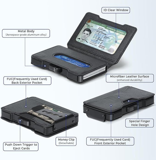 Slim Wallet for Men - Minimalist Mens Wallet with Money Clip, Aluminum Pop Up Card Case and Leather Slots Credit Card Holder RFID Blocking Wallet for Men with Gift Box