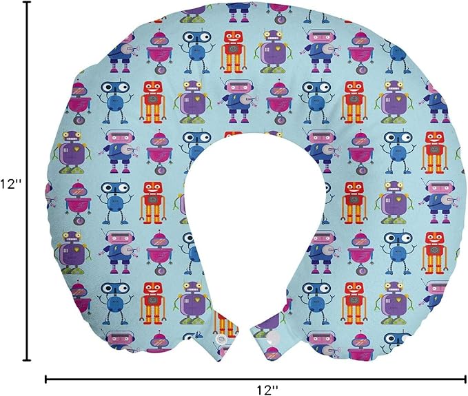 Ambesonne Alien Travel Pillow Neck Rest, Repeating Print of Colorful Robots Mechanical Design of Funny Shapes, Memory Foam Traveling Accessory for Airplane and Car, 12", Pale Blue and Multicolor