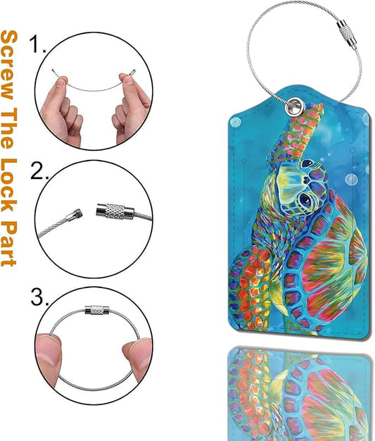 2 Pack Luggage Tag for Suitcase, Cute Unique Leather Bag Tags Identifiers Privacy Cover ID Label with Durable Steel Loop for Women Men Kids Girls Travel,TurtleA