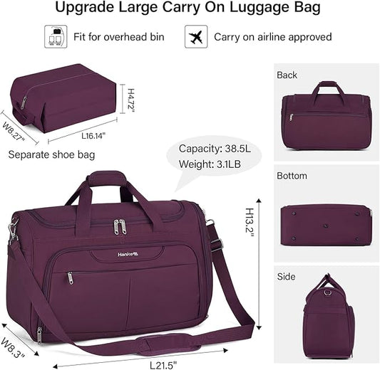 Hanke Carry On luggage Bags for Travel, Large Foldable Duffle Bag for Travel, Softside Lightweight Travel Bag Carry On Bags for Airplanes Women, Travel Tote Bags for Women Men.(Purple)