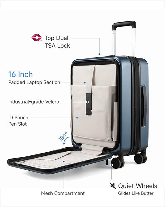LUGGEX Carry On Luggage 22x14x9 Airline Approved, FLO5 Expandable Polycarbonate Suitcase with Front Pocket (FX-Core, Blue, 20 Inch)