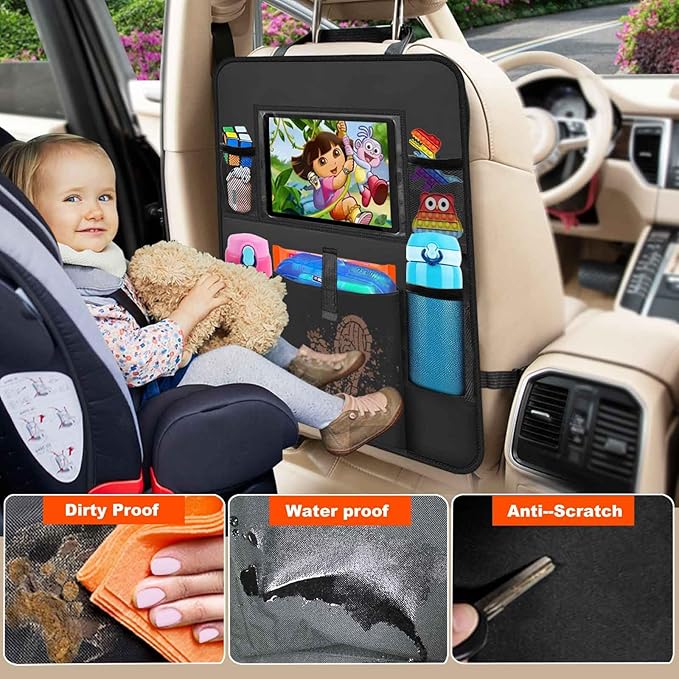 Car Backseat Organizer with Tablet Holder, 6 Storage Pockets Seat Back Protectors Kick Mats for Kids, Car Seat Protector for Road Trips 2 Pack (Black)