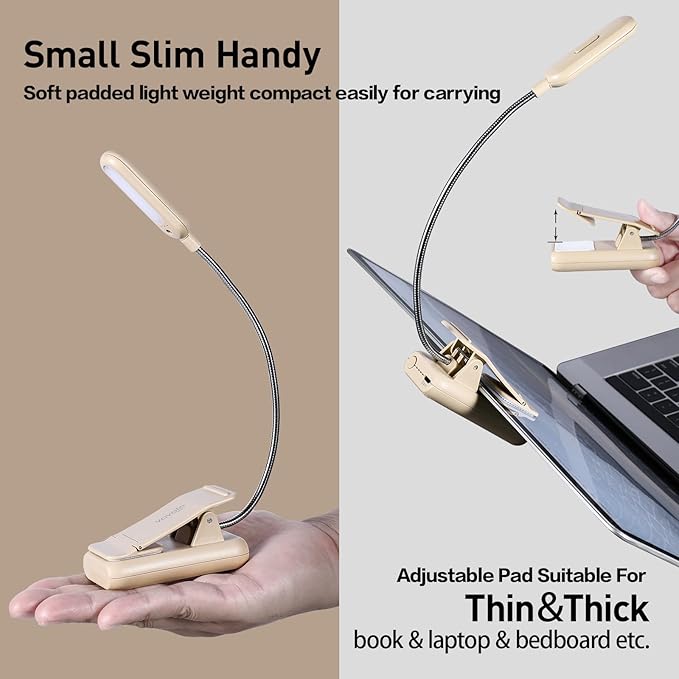 VAVOFO Rechargeable Book Light for Reading in Bed Kids, 7 LED Reading Light with 9-Level Warm Cool White Daylight, Eye Care Lamp with Power Indicator for Bookworms (Khaki)