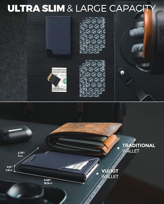 VULKIT Pop up Card Wallet RFID Blocking Slim Aluminum Metal Bank Card Holder Case with Business Money Pocket for Credit Cards Notes and Coins (Navy)