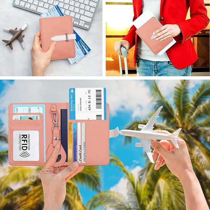 Passport Holder with Airtag for Women/Men,Airtag Passport Wallet for Travel,Cute Passport Holder Rfid Blocking,Travel Wallet for Cards Passport Cover Case (Pink1)
