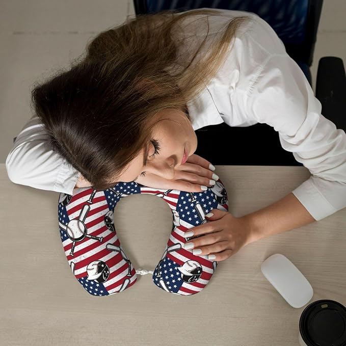 Funny Neck Pillow Support for Car Flight Rest Vintage Baseball American Flag, Memory Foam U Shaped Decor Head Cushion for Home Outdoors Travel
