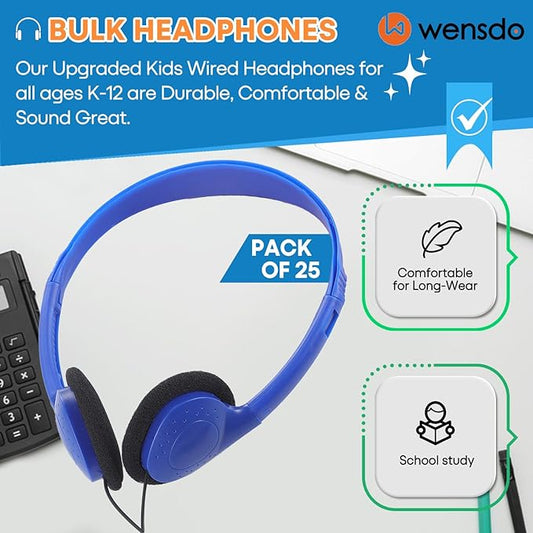 Kids Headphones Bulk 25 Pack for School Classroom Students, Wholesale Wired Headphones Durable Class Set Earphones for Children Toddler Teens Boys Girls and Adult (HY857,25 Blue)